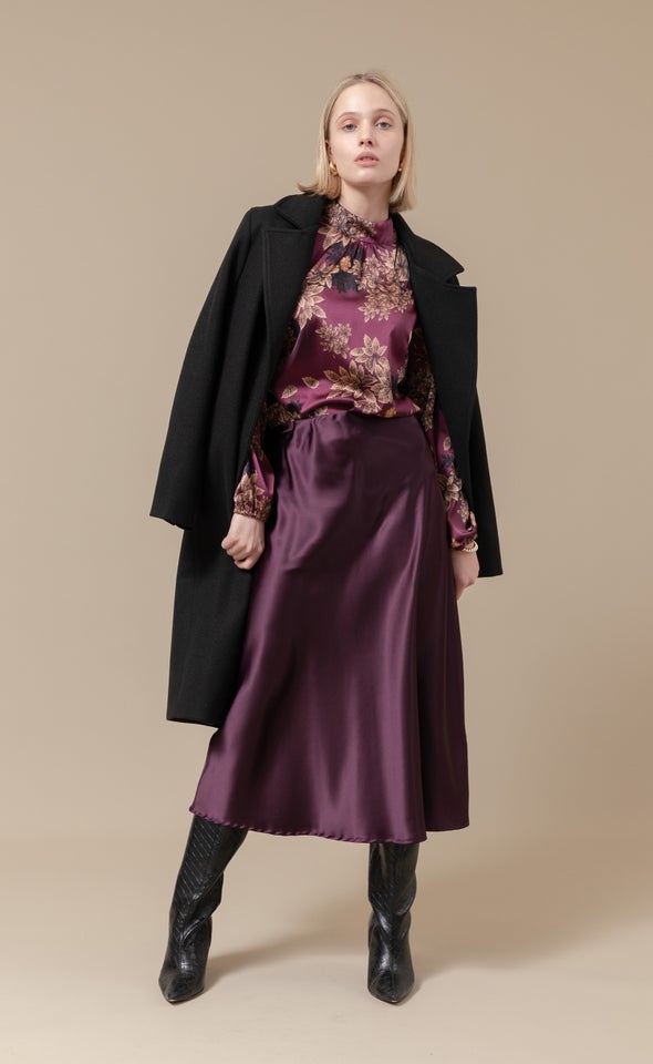 Satin High Neck LS Top Aubergine/floral