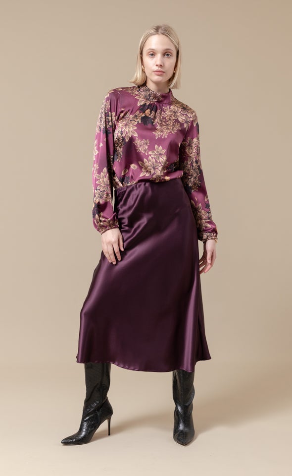 Satin High Neck LS Top Aubergine/floral