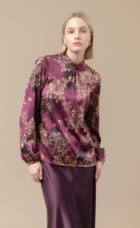 Satin High Neck LS Top Aubergine/floral