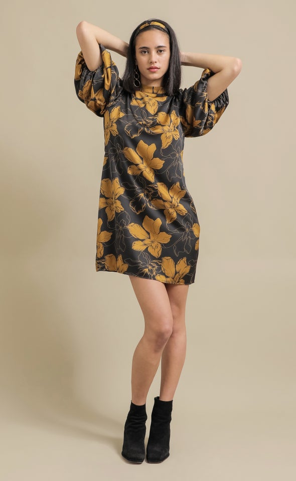 Satin High Neck Puff Sleeve Dress Black/mustard