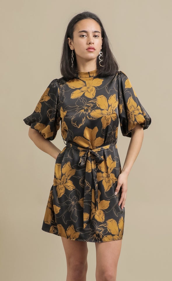 Satin High Neck Puff Sleeve Dress Black/mustard