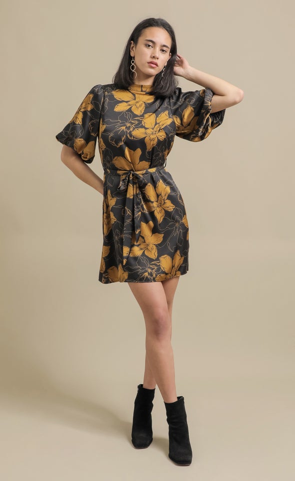 Satin High Neck Puff Sleeve Dress Black/mustard