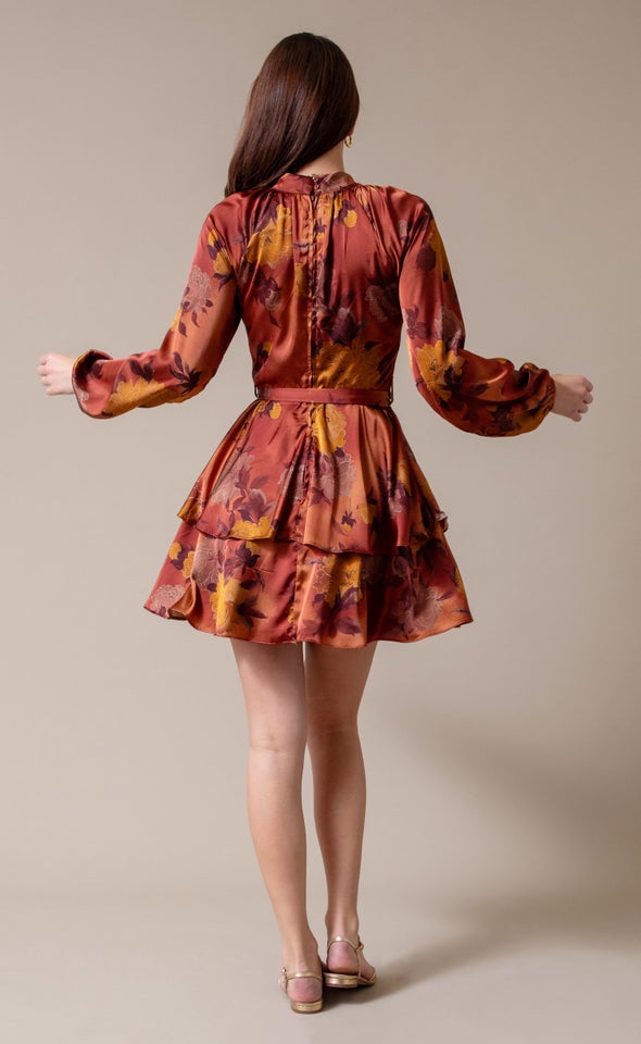 Satin Layered Skirt LS Dress Rust/ochre