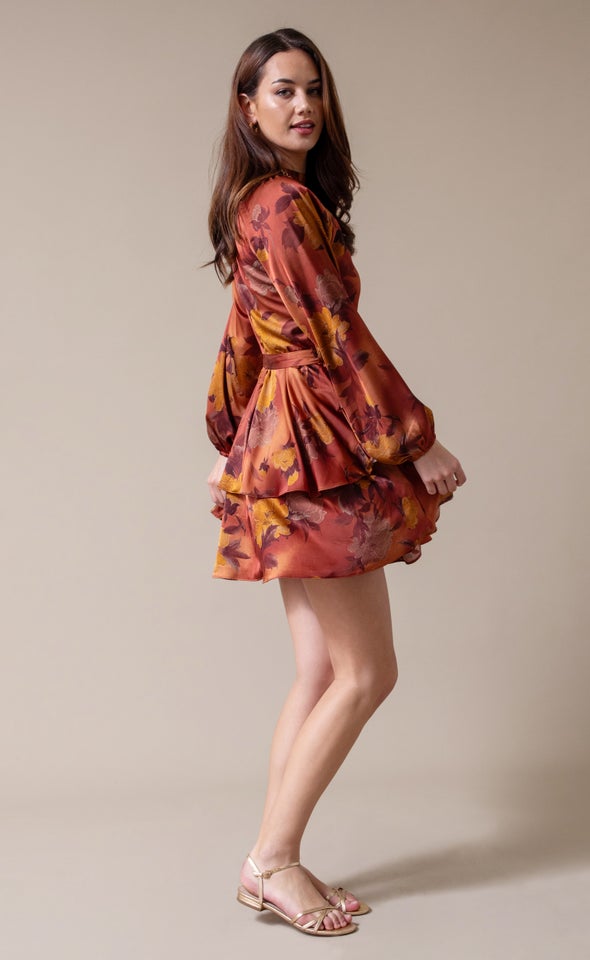 Satin Layered Skirt LS Dress Rust/ochre