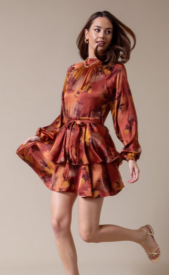 Satin Layered Skirt LS Dress Rust/ochre