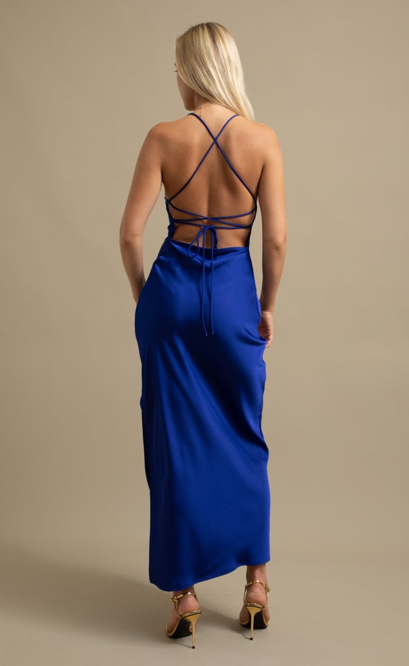 Satin Low Cross Back Gown Cornflower Blue