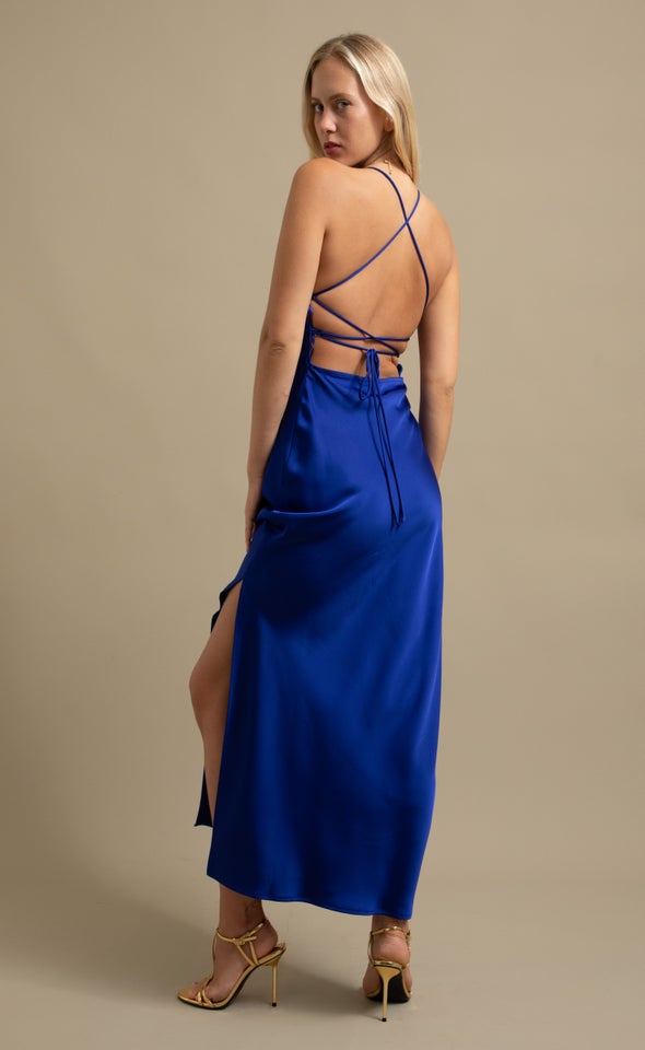 Satin Low Cross Back Gown Cornflower Blue