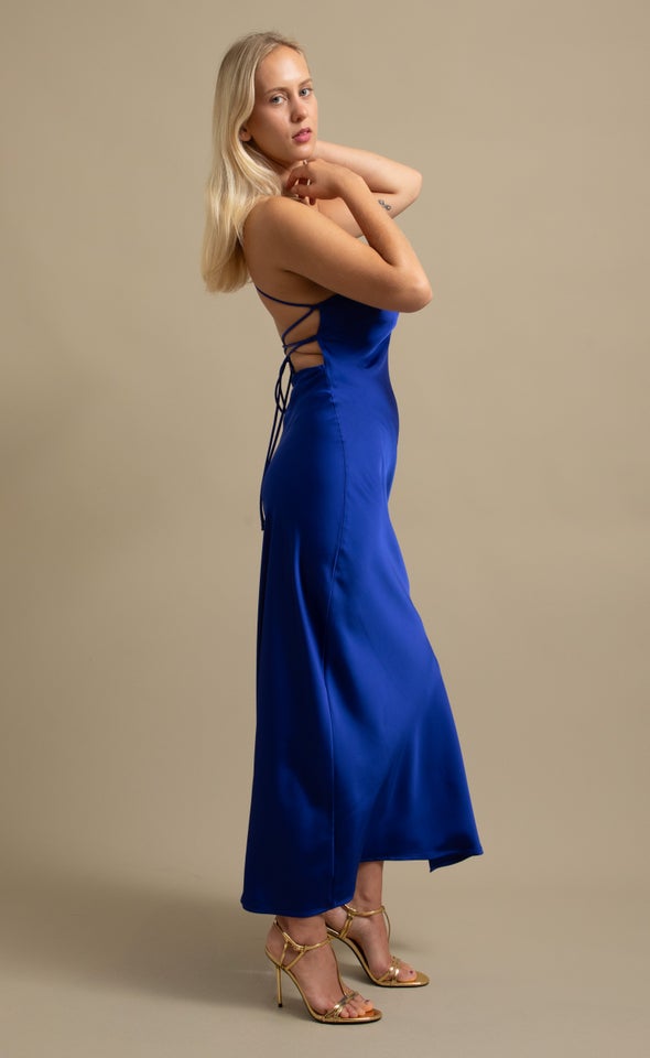 Satin Low Cross Back Gown Cornflower Blue