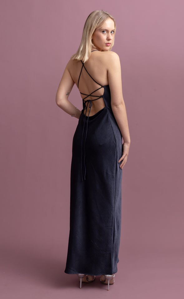 Satin Low Cross Back Gown Navy