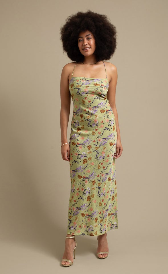 Satin Low Cross Back Maxi Apple/floral