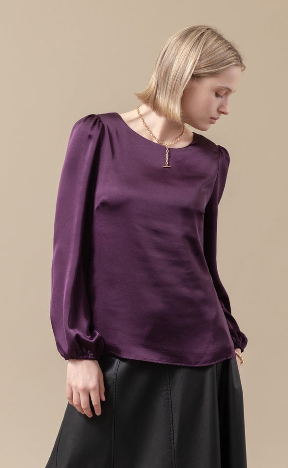 Satin LS Shell Top Dark Purple