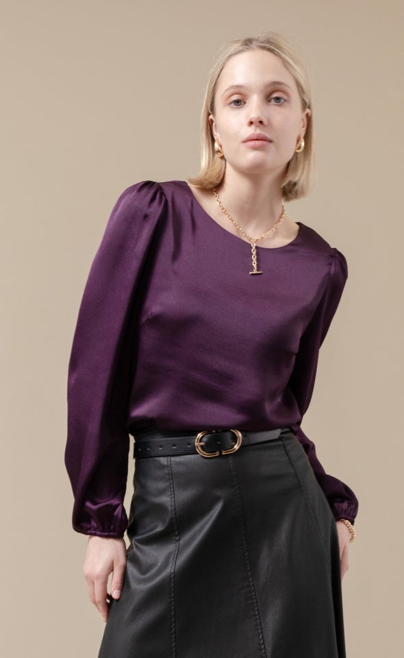 Satin LS Shell Top Dark Purple