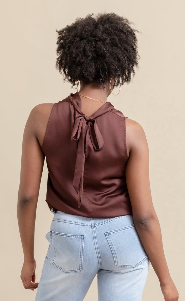 Satin Neck Detail Shell Top Chocolate