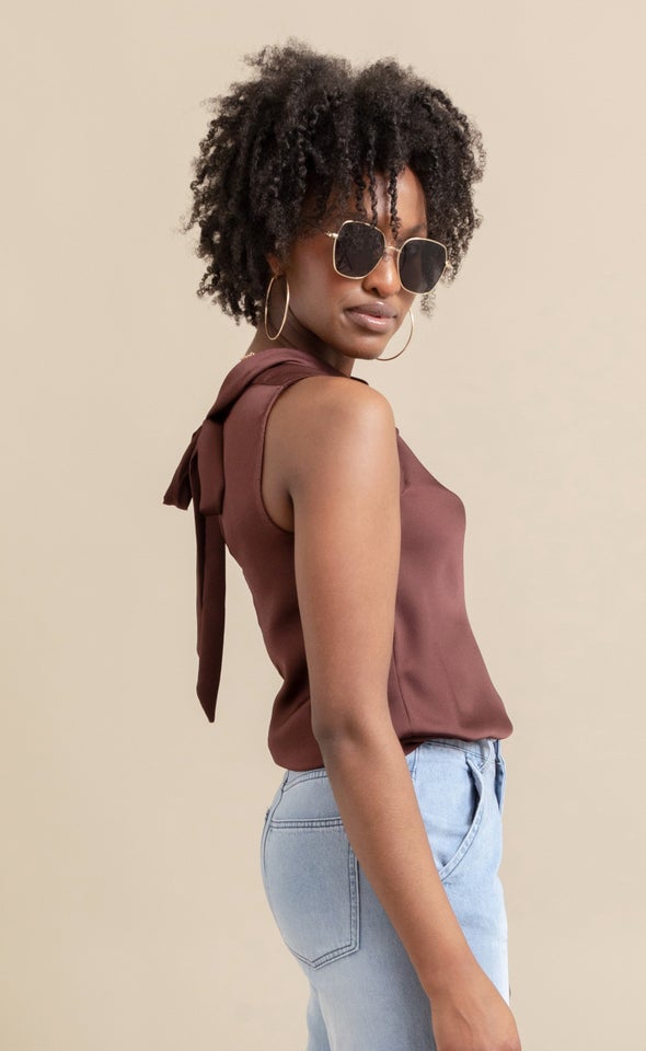 Satin Neck Detail Shell Top Chocolate