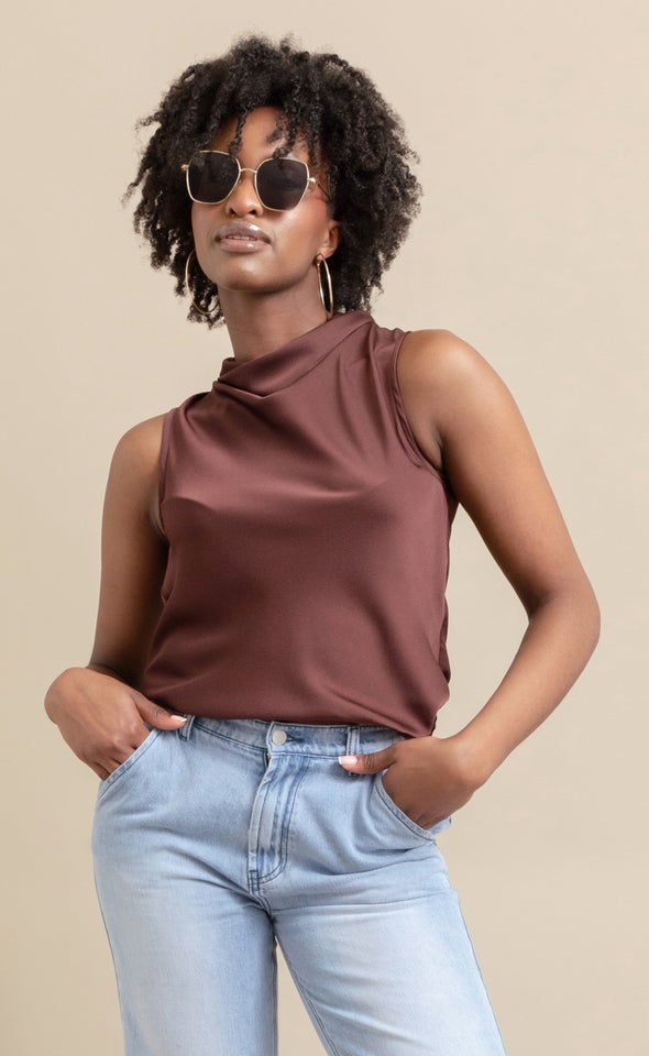 Satin Neck Detail Shell Top Chocolate