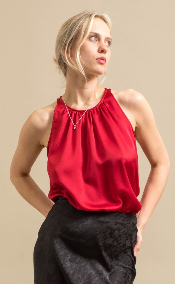 Satin Ruched Halter Shell Top Red Wine