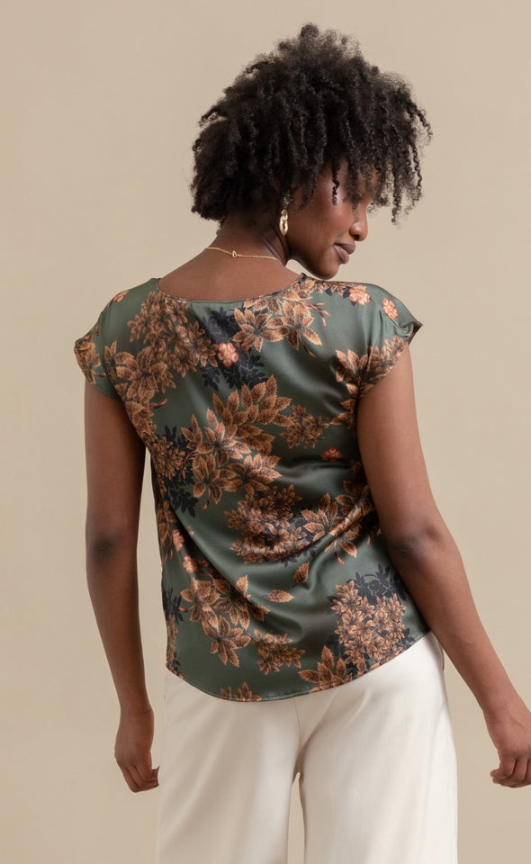 Satin Scoop Neck Top Forest Green/floral