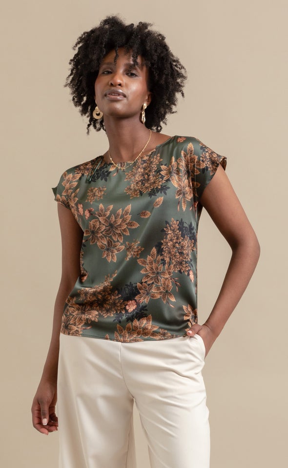 Satin Scoop Neck Top Forest Green/floral