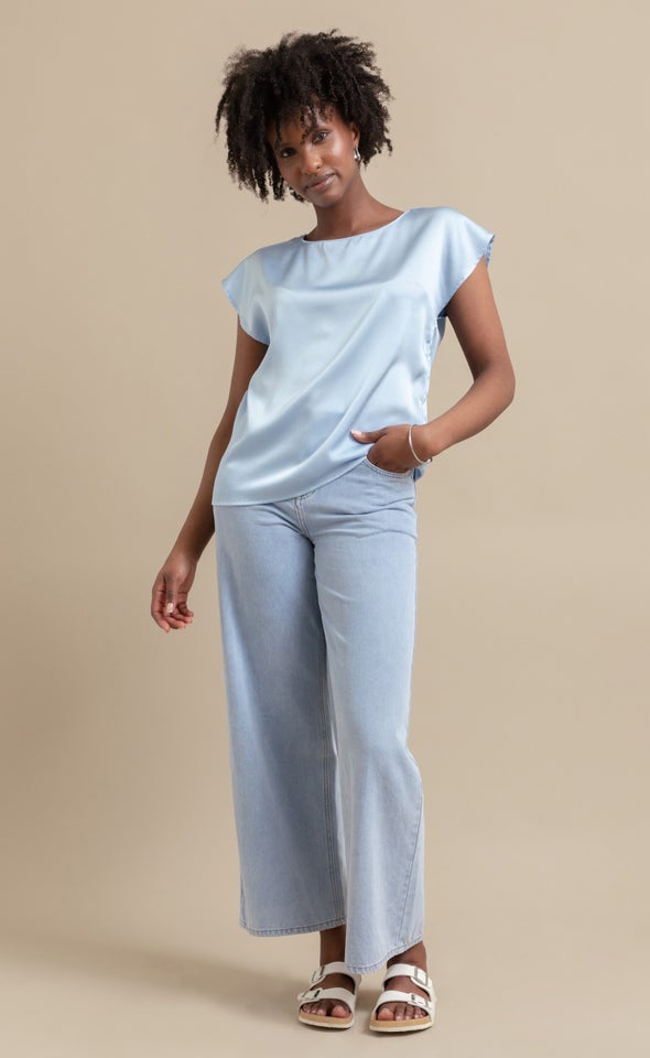 Satin Scoop Neck Top Ice Blue