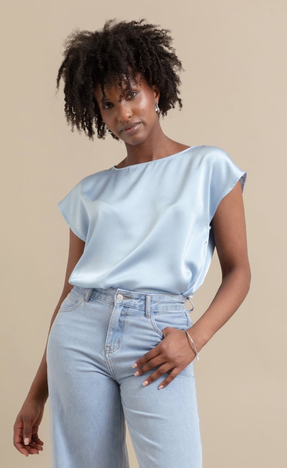 Satin Scoop Neck Top Ice Blue