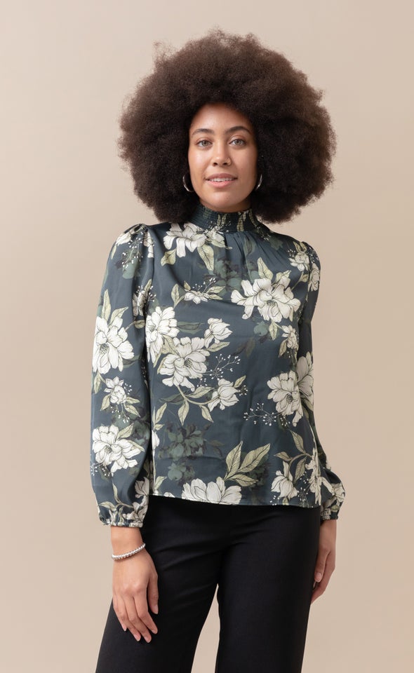 Satin Shirred High Neck LS Top Charcoal/floral