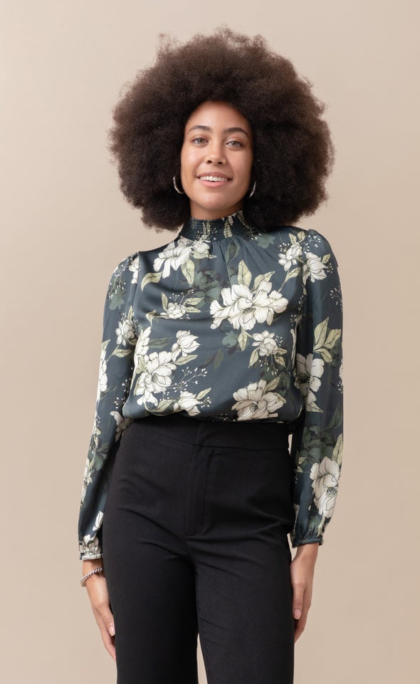 Satin Shirred High Neck LS Top Charcoal/floral