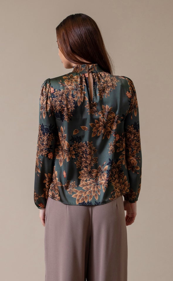 Satin Shirred High Neck LS Top Forest Green/floral