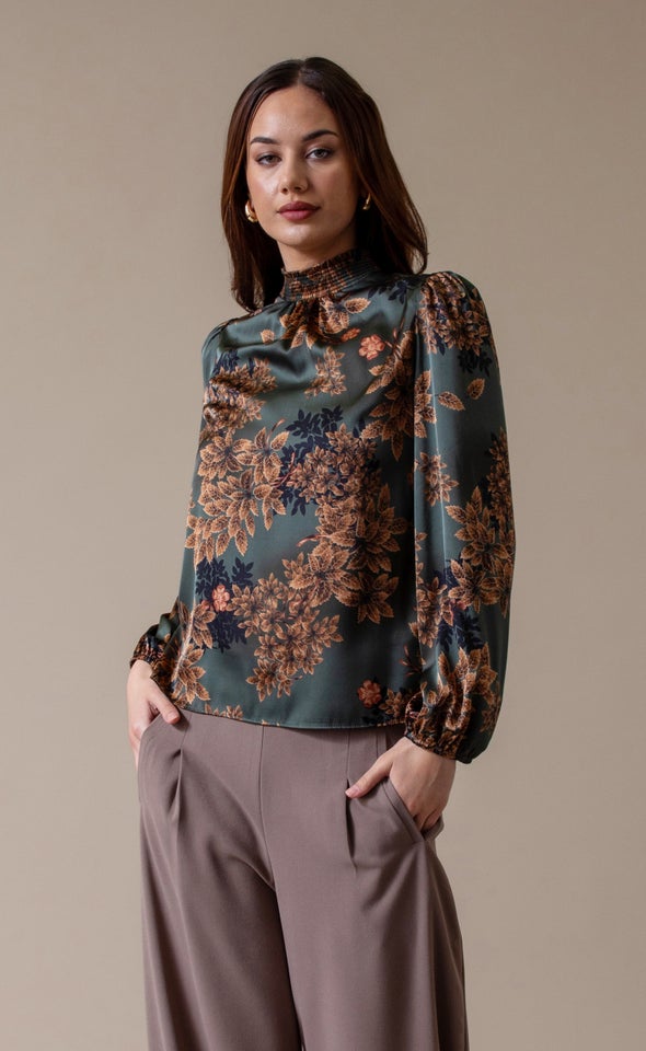 Satin Shirred High Neck LS Top Forest Green/floral