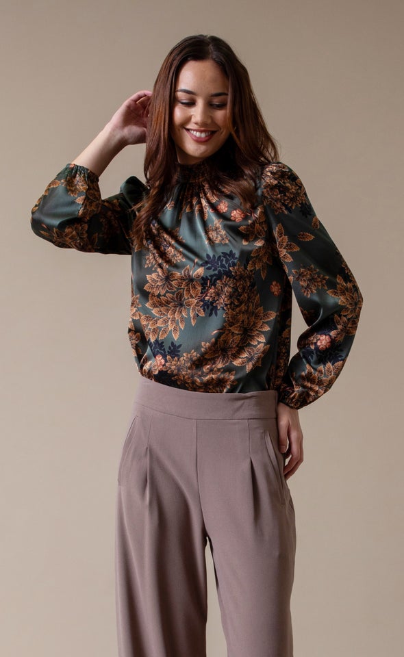 Satin Shirred High Neck LS Top Forest Green/floral