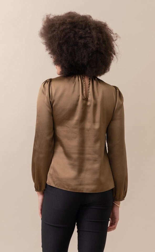 Satin Shirred High Neck LS Top Khaki