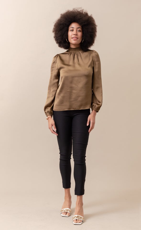 Satin Shirred High Neck LS Top Khaki