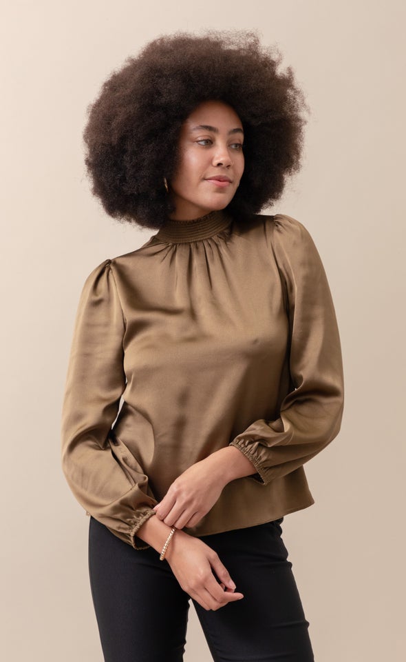 Satin Shirred High Neck LS Top Khaki