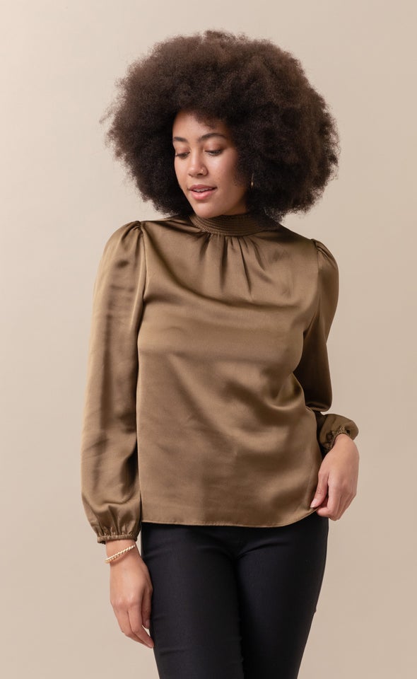 Satin Shirred High Neck LS Top Khaki