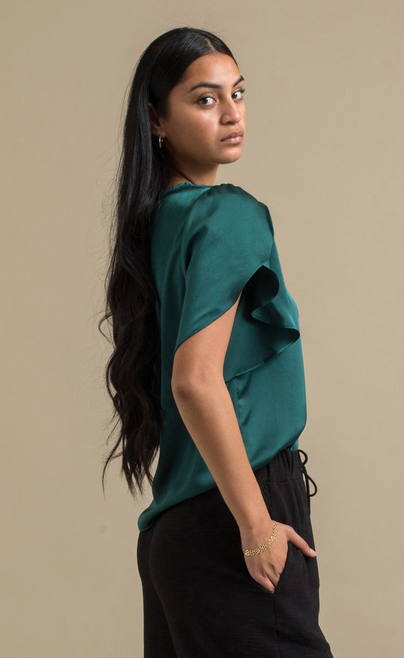 Satin Tulip Sleeve Top Emerald