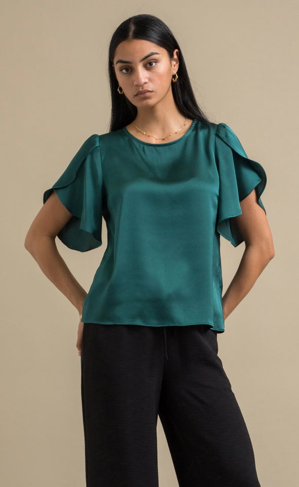 Satin Tulip Sleeve Top Emerald