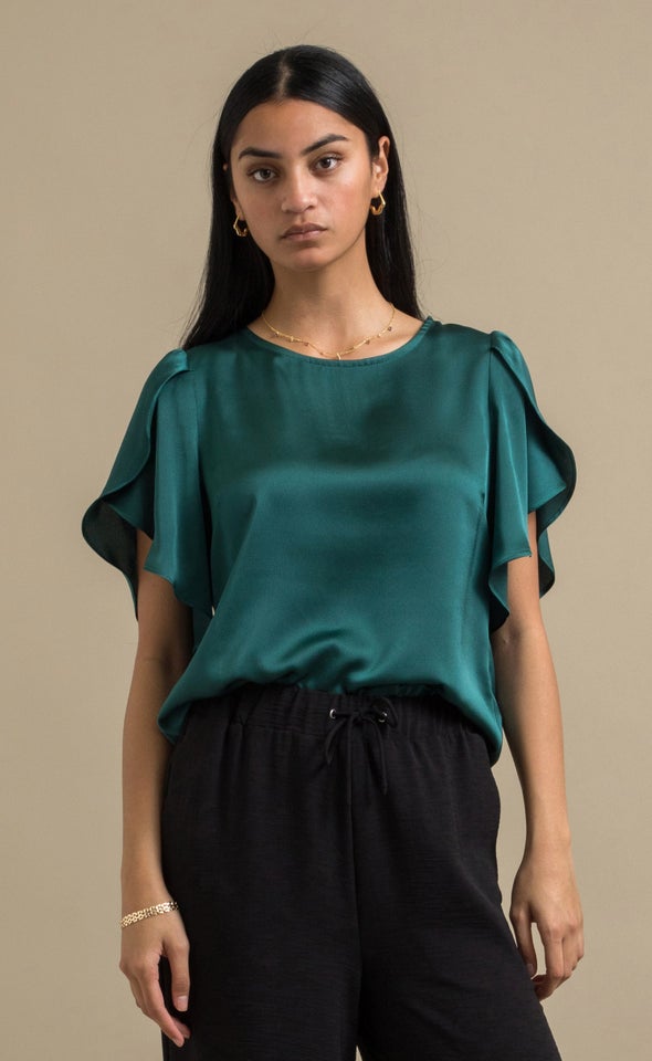 Satin Tulip Sleeve Top Emerald