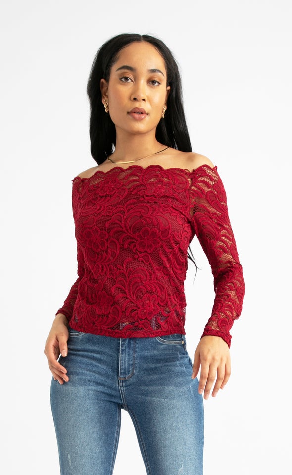 Scallop Lace Bardot LS Top | Pagani