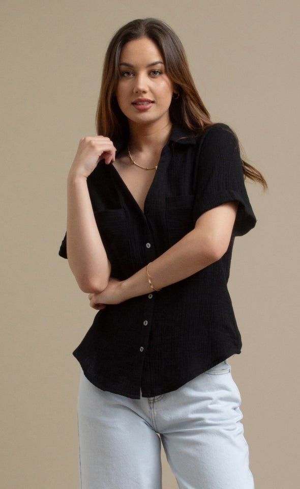 Short Sleeve Crinkle Shirt Black