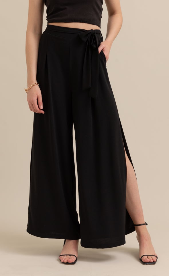 Black long elegant palazzo trousers with front split