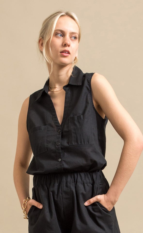 Sleeveless Linen Blend Shirt Black