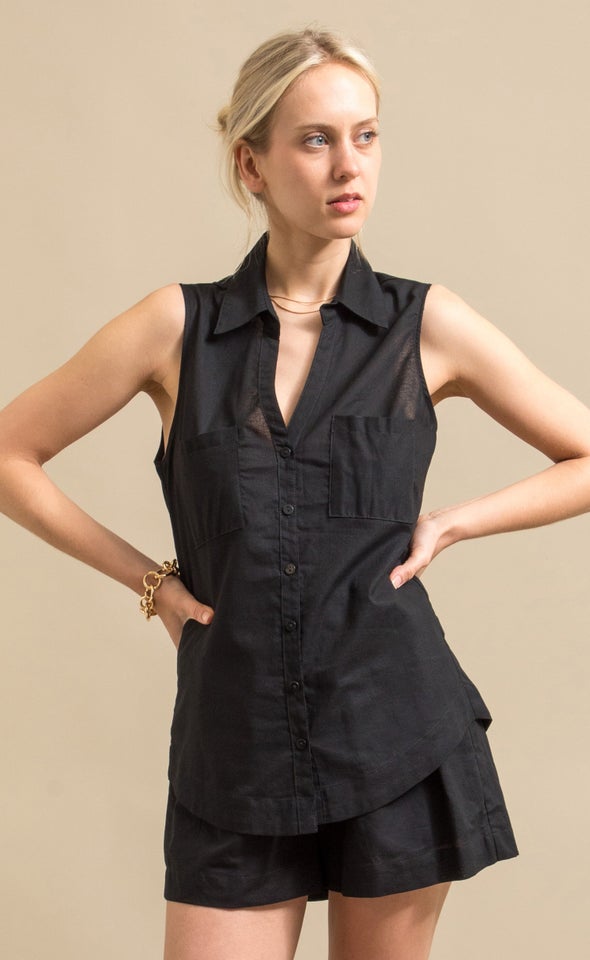 Sleeveless Linen Blend Shirt Black