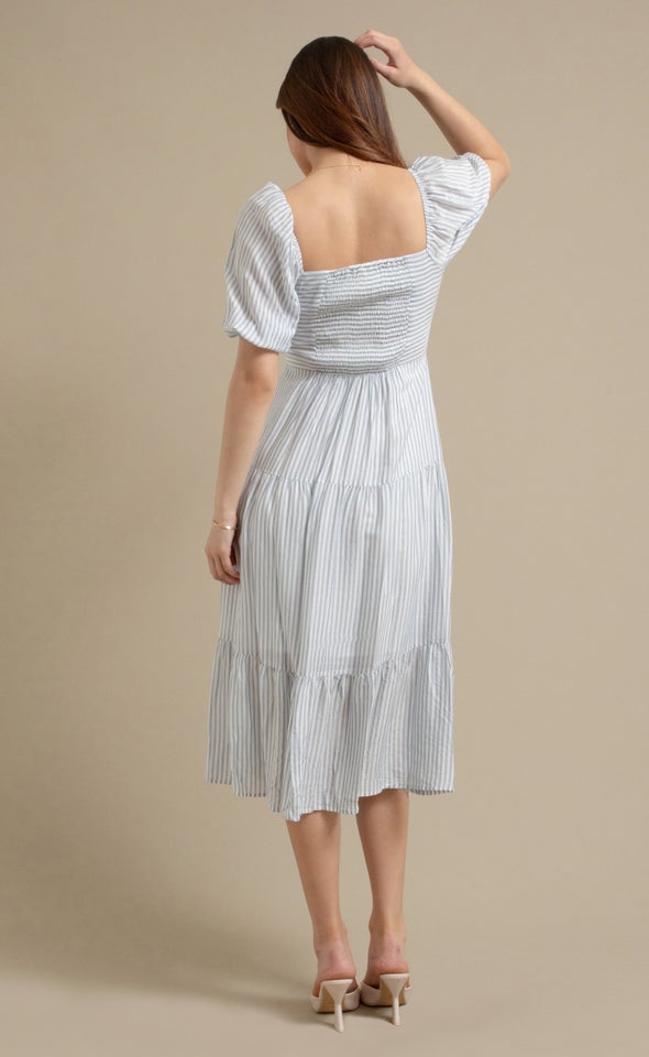 Stripe Voile Tier Midi Dress White/blue