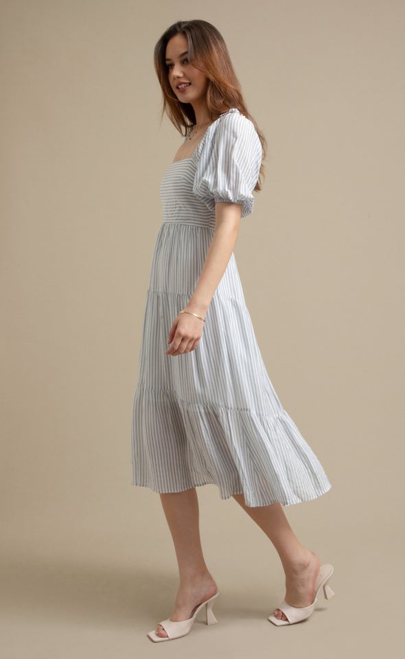 Stripe Voile Tier Midi Dress White/blue