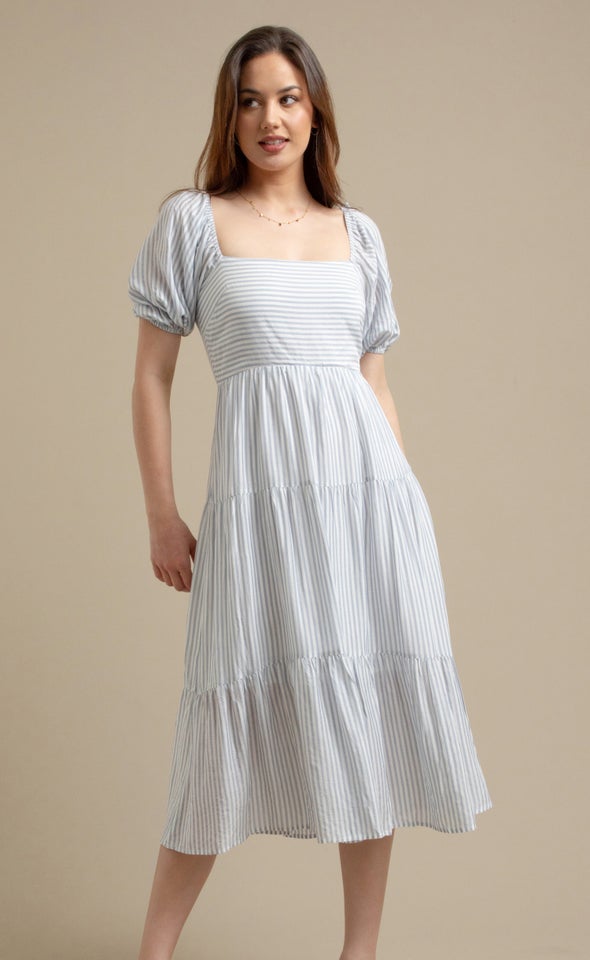 Stripe Voile Tier Midi Dress White/blue