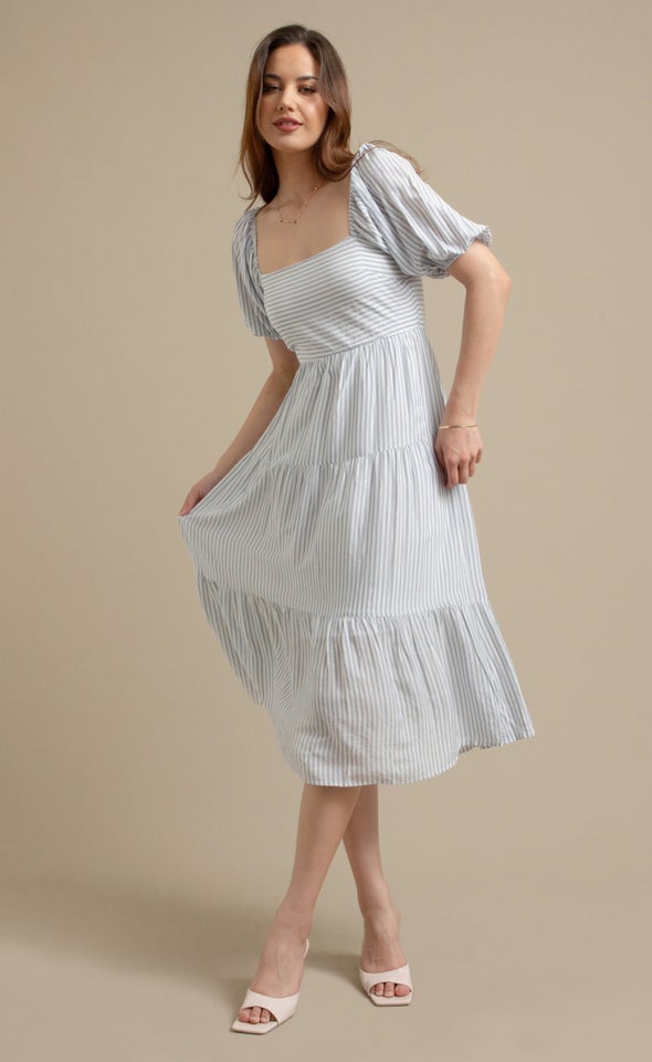 Stripe Voile Tier Midi Dress White/blue