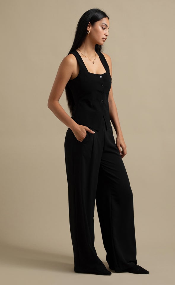 Suiting Square Neck Button Front Top Black