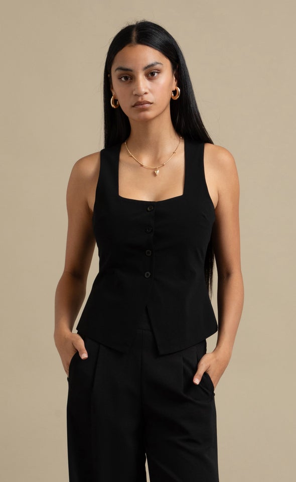 Suiting Square Neck Button Front Top Black