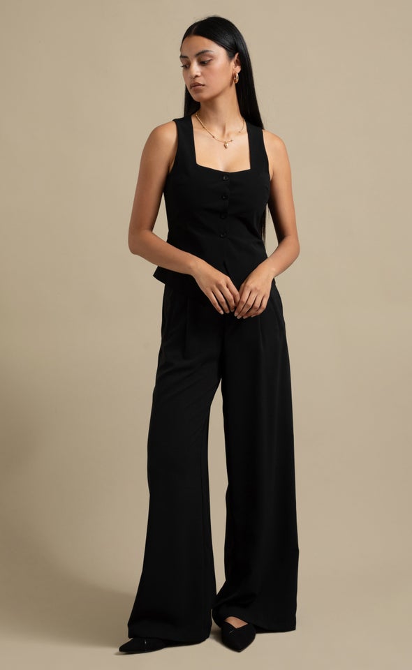 Suiting Square Neck Button Front Top Black