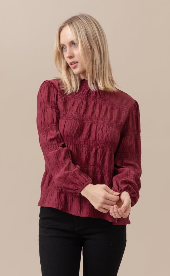 Textured CDC High Neck LS Blouse Maroon