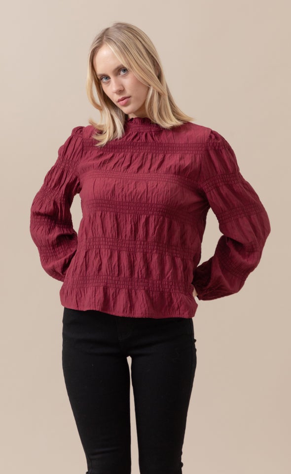 Textured CDC High Neck LS Blouse Maroon
